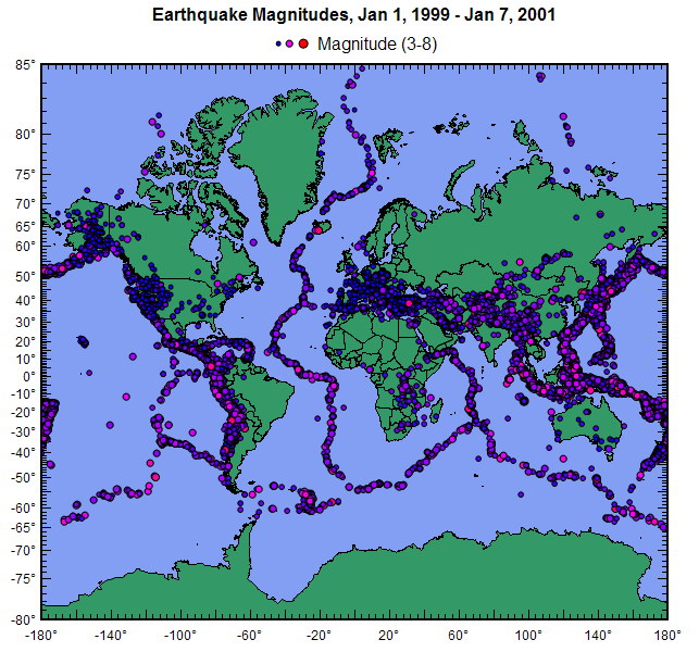 recent earthquakes. plot, recent earthquakes.